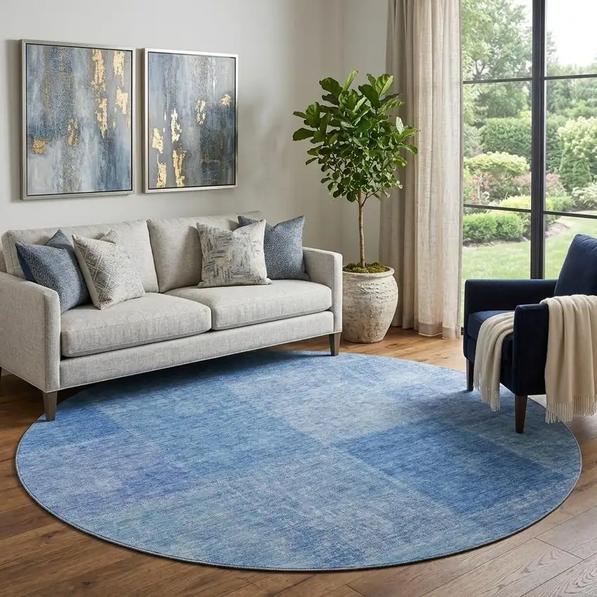 8' Denim Blue And Ivory Patchwork Washable Round Rug With UV Protection Photo 1