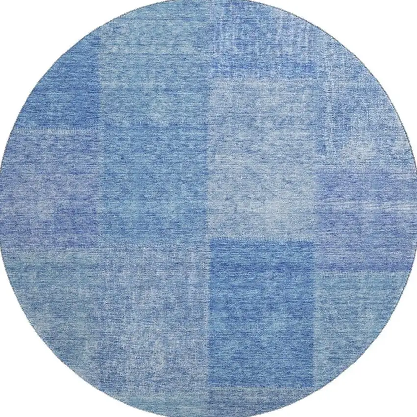 8' Denim Blue And Ivory Patchwork Washable Round Rug With UV Protection Photo 4