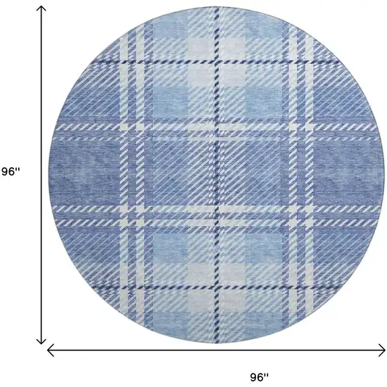 8' Denim Blue And Ivory Plaid Washable Round Rug With UV Protection Photo 9