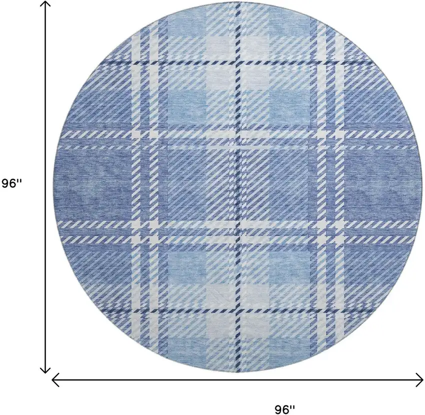 8' Denim Blue And Ivory Plaid Washable Round Rug With UV Protection Photo 9
