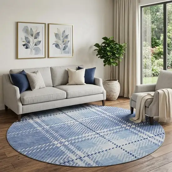 8' Denim Blue And Ivory Plaid Washable Round Rug With UV Protection Photo 1