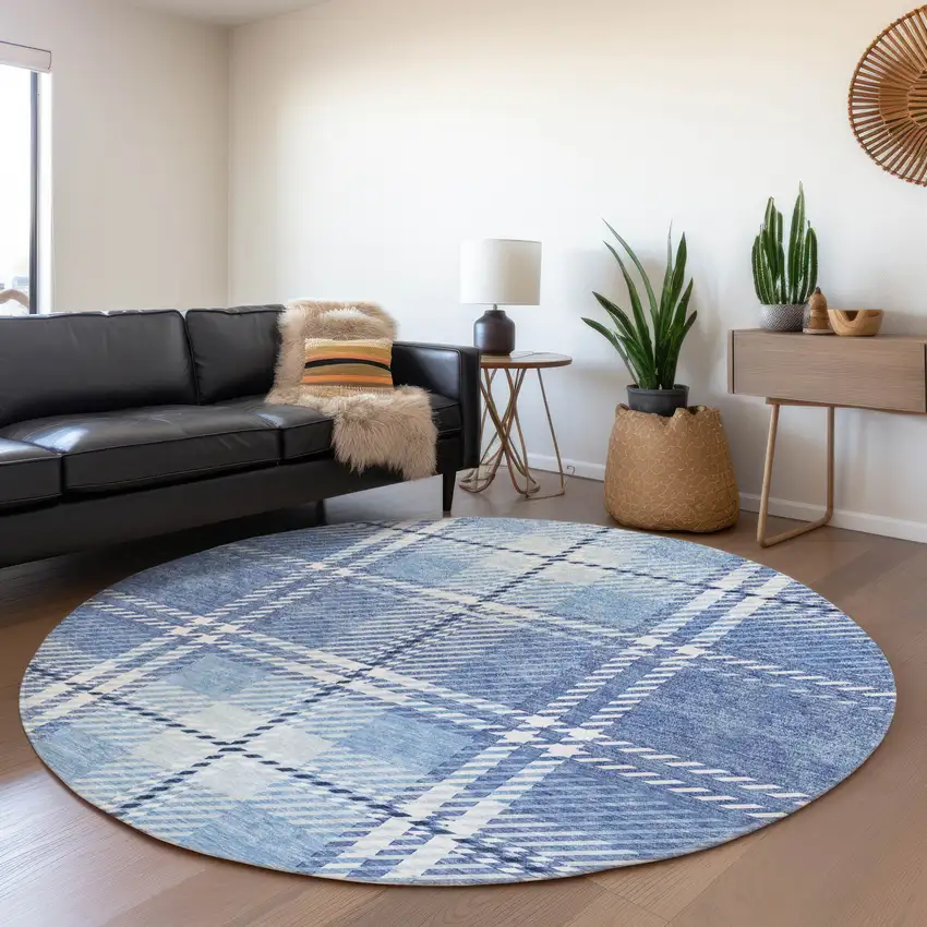 8' Denim Blue And Ivory Plaid Washable Round Rug With UV Protection Photo 4