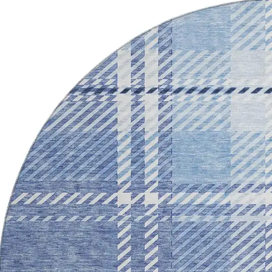 8' Denim Blue And Ivory Plaid Washable Round Rug With UV Protection Photo 3