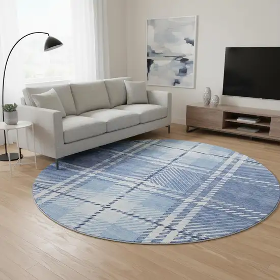 8' Denim Blue And Ivory Plaid Washable Round Rug With UV Protection Photo 2