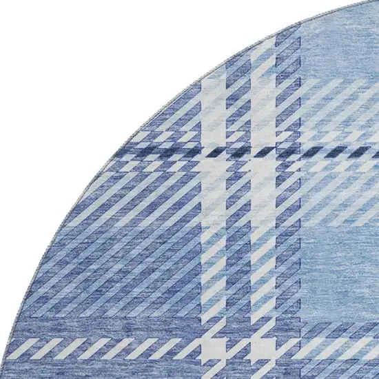 8' Denim Blue And Ivory Plaid Washable Round Rug With UV Protection Photo 2