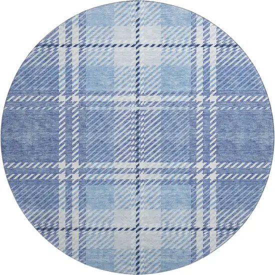 8' Denim Blue And Ivory Plaid Washable Round Rug With UV Protection Photo 1