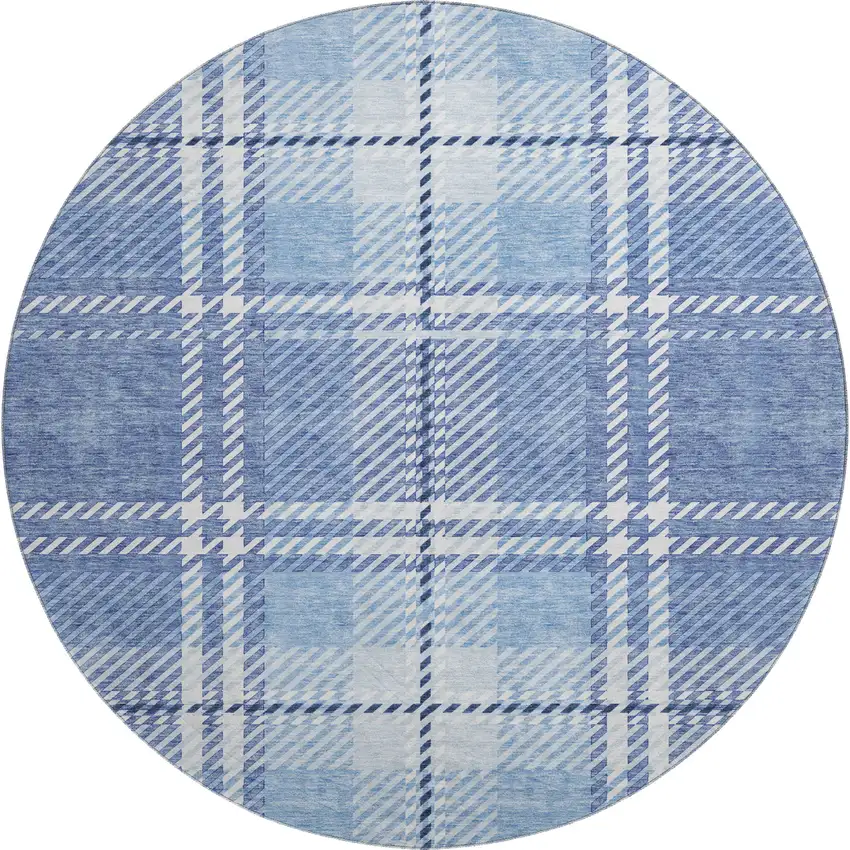 8' Denim Blue And Ivory Plaid Washable Round Rug With UV Protection Photo 1