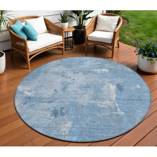 8' Denim Blue And Ivory Round Abstract Washable Indoor Outdoor Area Rug Photo 1