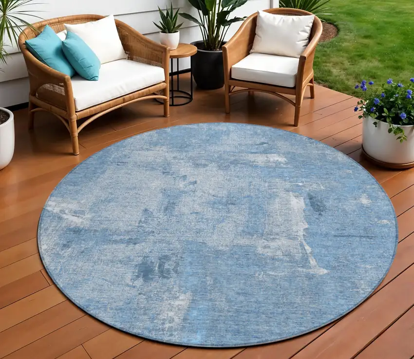 8' Denim Blue And Ivory Round Abstract Washable Indoor Outdoor Area Rug Photo 1