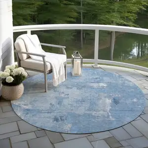 Photo of 8' Denim Blue And Ivory Round Abstract Washable Indoor Outdoor Area Rug