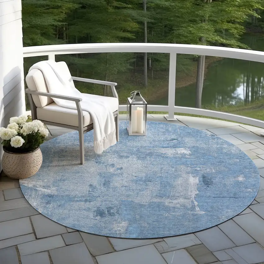 8' Denim Blue And Ivory Round Abstract Washable Indoor Outdoor Area Rug Photo 6