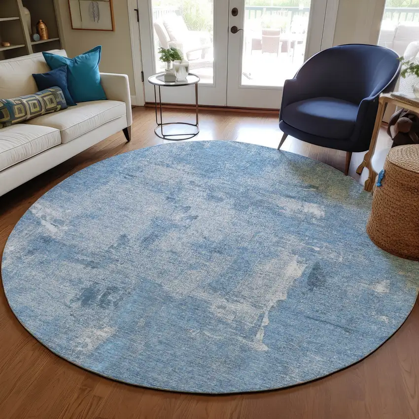 8' Denim Blue And Ivory Round Abstract Washable Indoor Outdoor Area Rug Photo 7