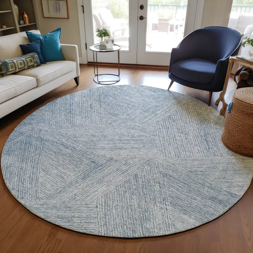 8' Denim Blue And Ivory Round Abstract Washable Indoor Outdoor Area Rug Photo 6