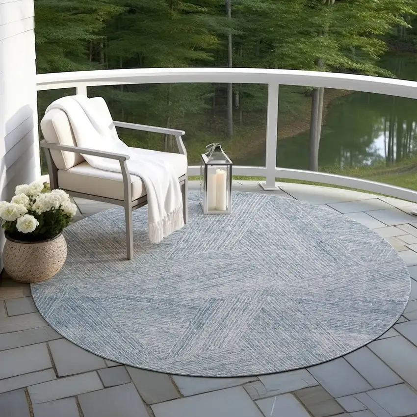 8' Denim Blue And Ivory Round Abstract Washable Indoor Outdoor Area Rug Photo 5