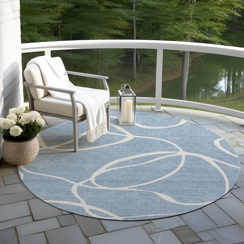 8' Denim Blue And Ivory Round Abstract Washable Indoor Outdoor Area Rug Photo 7