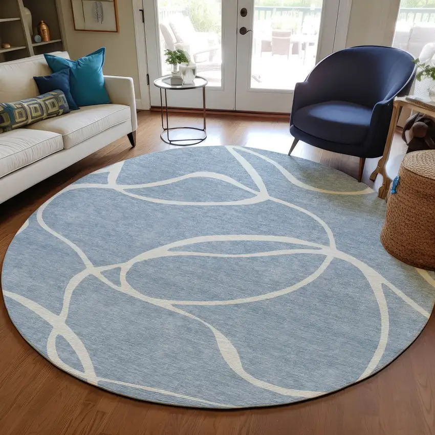 8' Denim Blue And Ivory Round Abstract Washable Indoor Outdoor Area Rug Photo 8