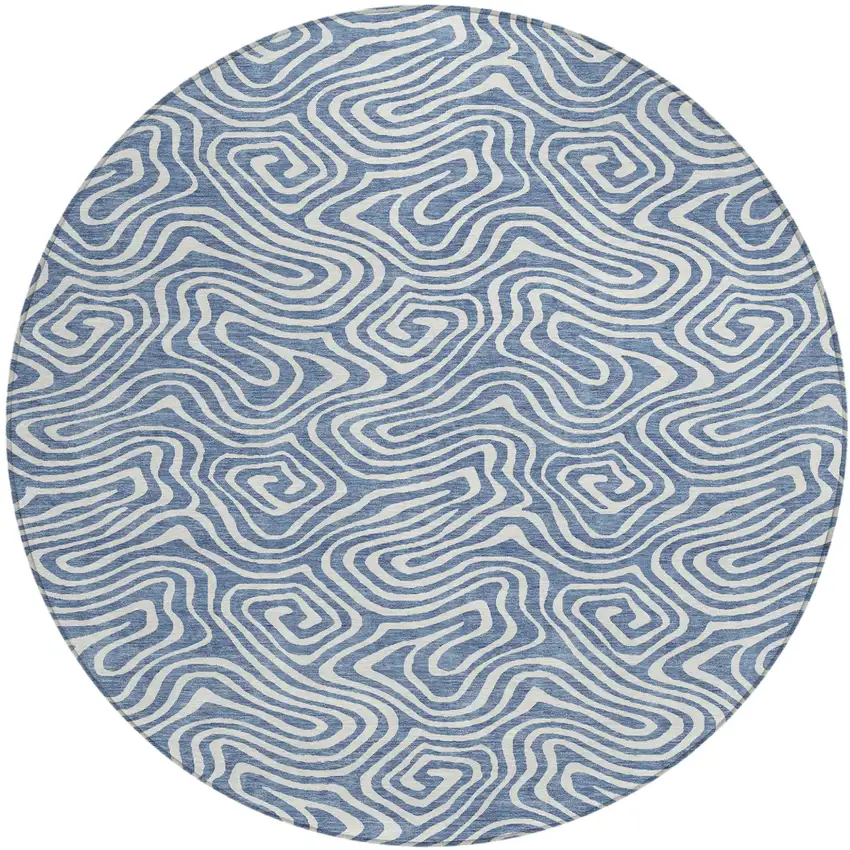 8' Denim Blue And Ivory Round Abstract Washable Indoor Outdoor Area Rug Photo 2