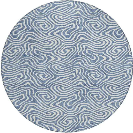 8' Denim Blue And Ivory Round Abstract Washable Indoor Outdoor Area Rug Photo 5