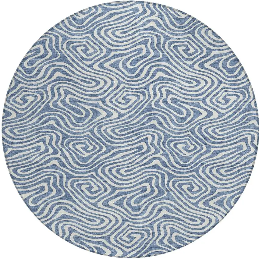 8' Denim Blue And Ivory Round Abstract Washable Indoor Outdoor Area Rug Photo 5