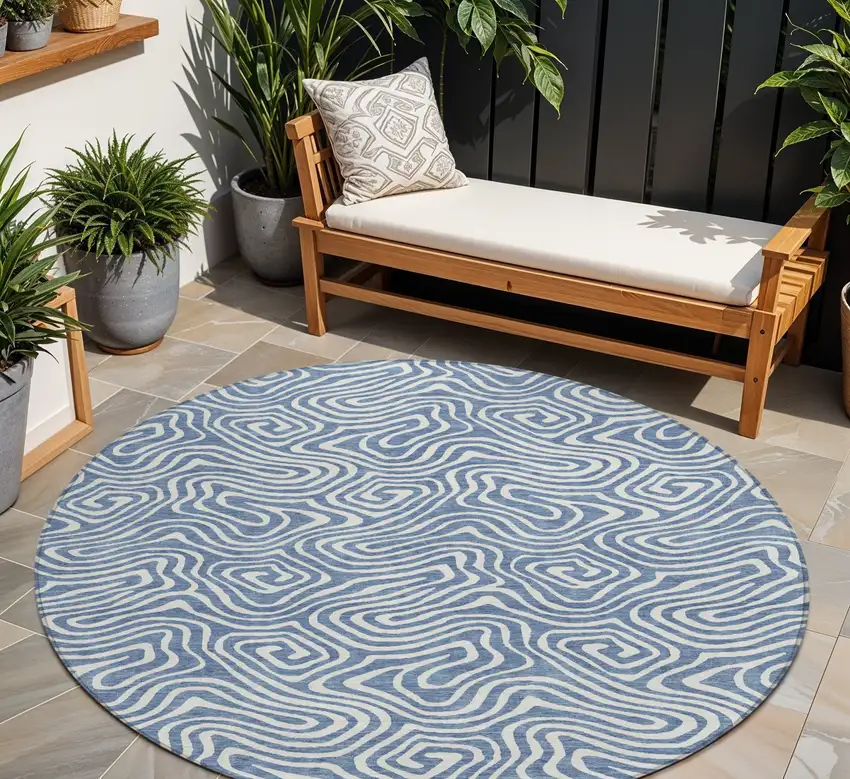 8' Denim Blue And Ivory Round Abstract Washable Indoor Outdoor Area Rug Photo 1