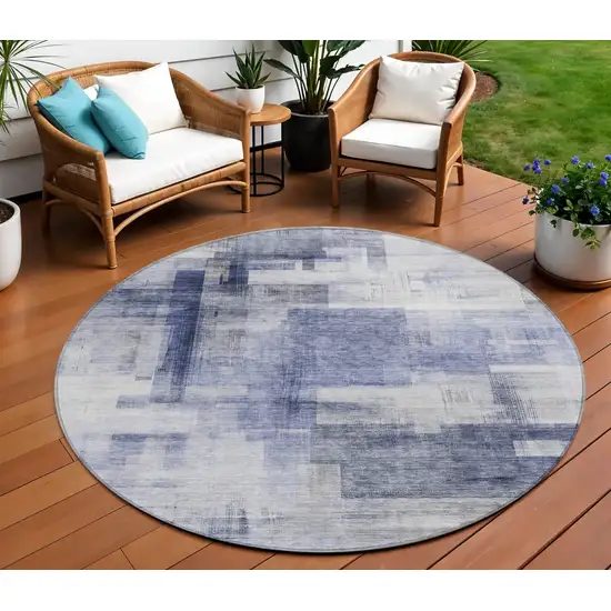 8' Denim Blue And Ivory Round Abstract Washable Indoor Outdoor Area Rug Photo 1