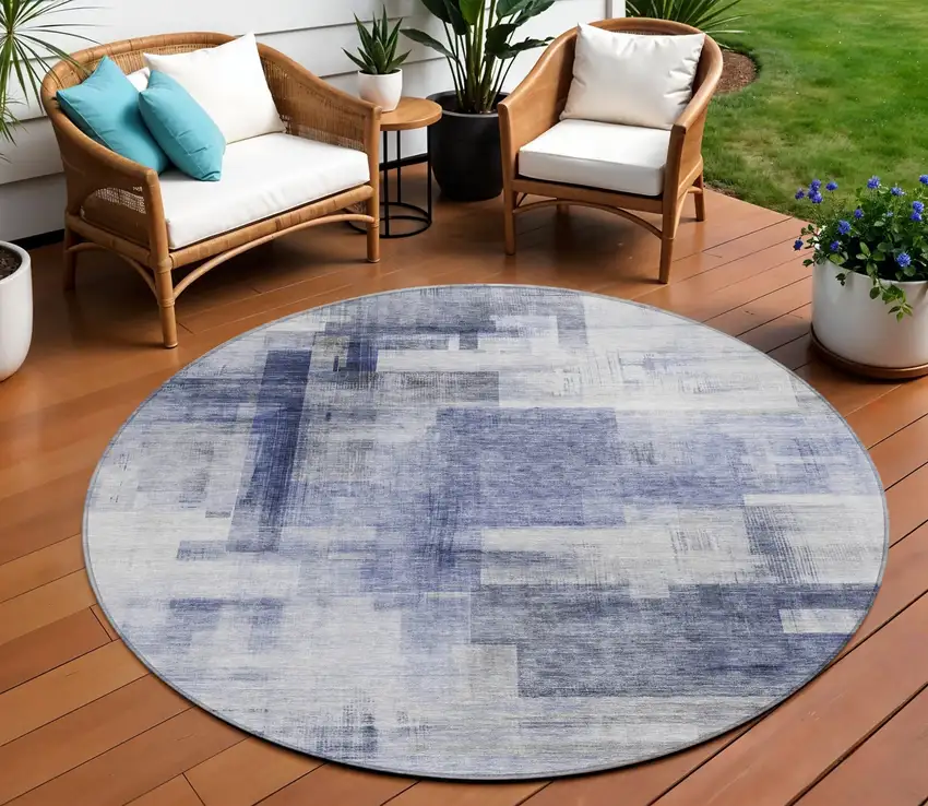8' Denim Blue And Ivory Round Abstract Washable Indoor Outdoor Area Rug Photo 1
