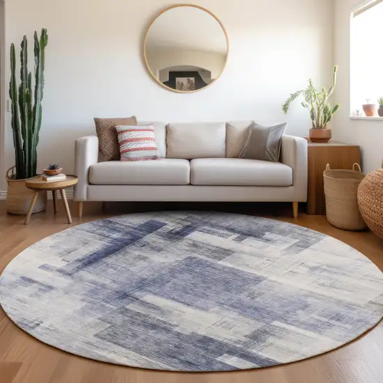 8' Denim Blue And Ivory Round Abstract Washable Indoor Outdoor Area Rug Photo 7