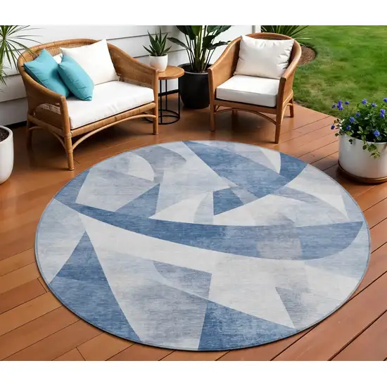 8' Denim Blue And Ivory Round Abstract Washable Indoor Outdoor Area Rug Photo 2