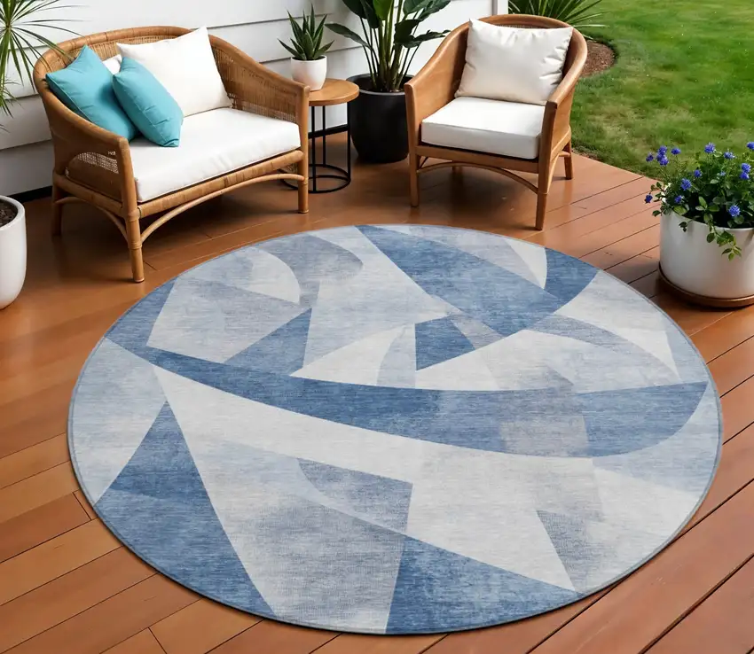 8' Denim Blue And Ivory Round Abstract Washable Indoor Outdoor Area Rug Photo 2