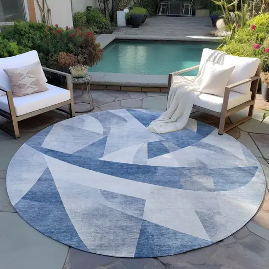 8' Denim Blue And Ivory Round Abstract Washable Indoor Outdoor Area Rug Photo 5