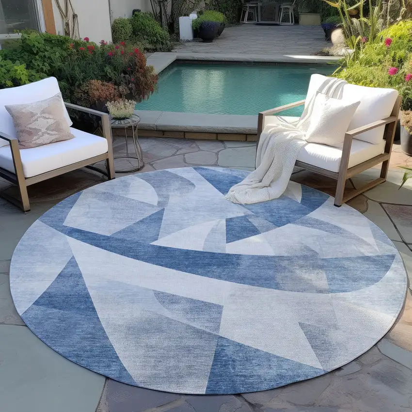 8' Denim Blue And Ivory Round Abstract Washable Indoor Outdoor Area Rug Photo 5
