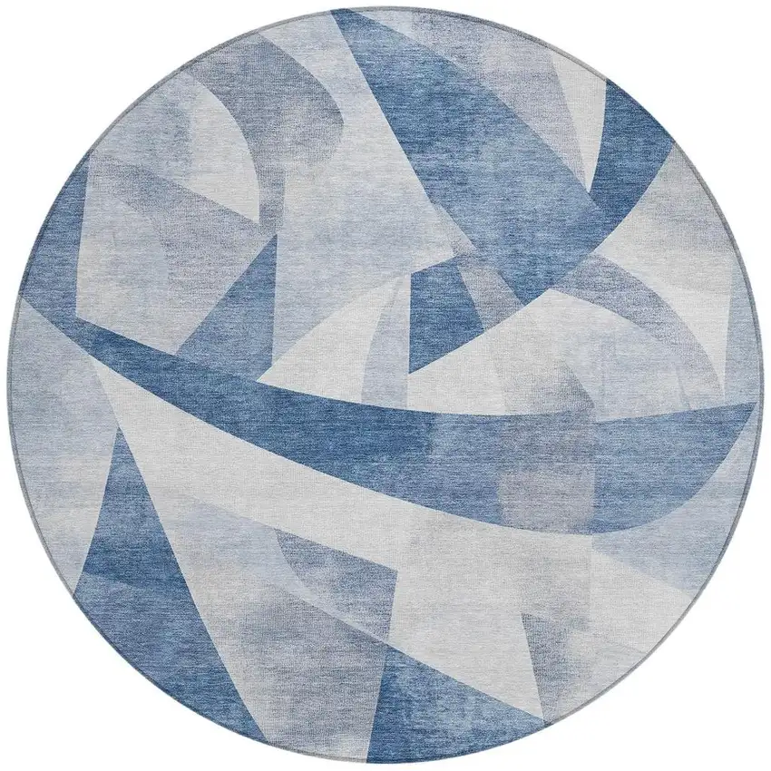 8' Denim Blue And Ivory Round Abstract Washable Indoor Outdoor Area Rug Photo 4