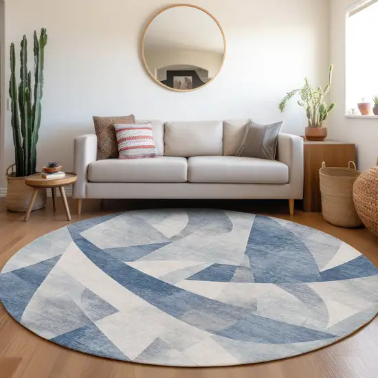8' Denim Blue And Ivory Round Abstract Washable Indoor Outdoor Area Rug Photo 6