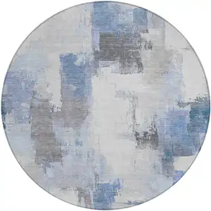 Photo of 8' Denim Blue And Ivory Round Abstract Washable Indoor Outdoor Area Rug