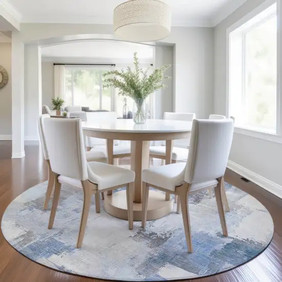 8' Denim Blue And Ivory Round Abstract Washable Indoor Outdoor Area Rug Photo 6