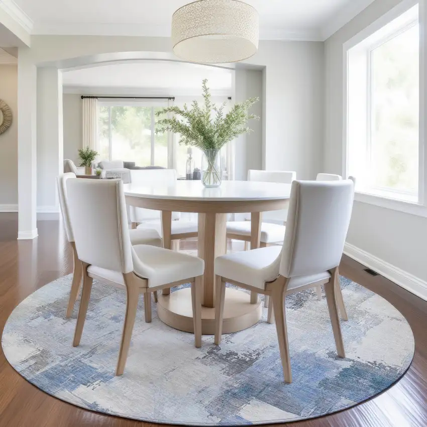 8' Denim Blue And Ivory Round Abstract Washable Indoor Outdoor Area Rug Photo 6