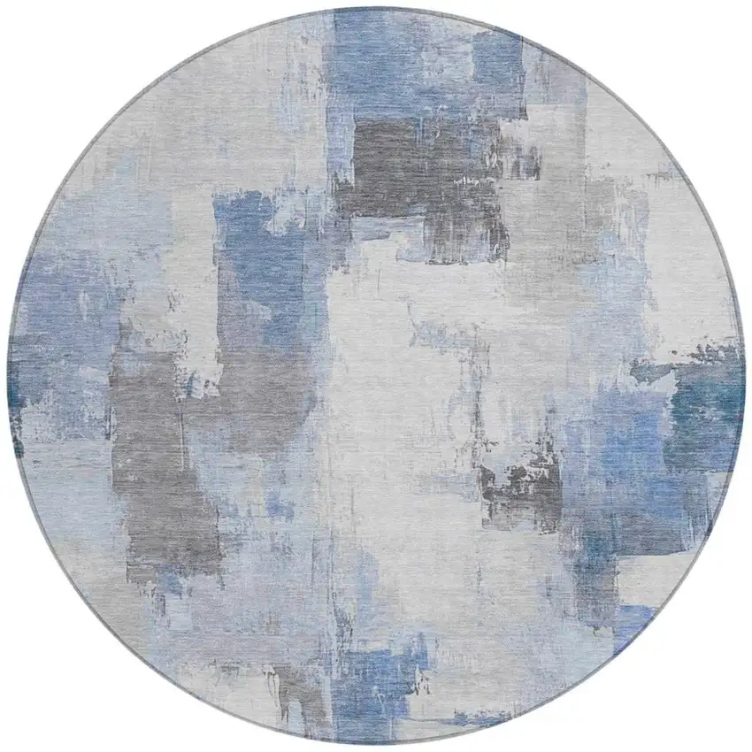 8' Denim Blue And Ivory Round Abstract Washable Indoor Outdoor Area Rug Photo 3