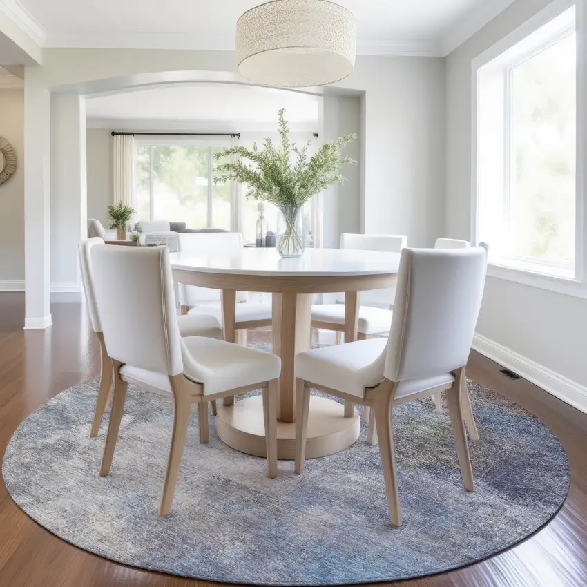 8' Denim Blue And Ivory Round Abstract Washable Indoor Outdoor Area Rug Photo 6