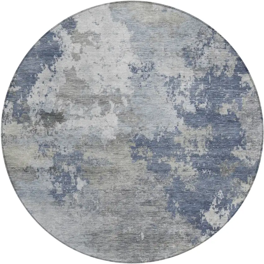 8' Denim Blue And Ivory Round Abstract Washable Indoor Outdoor Area Rug Photo 1
