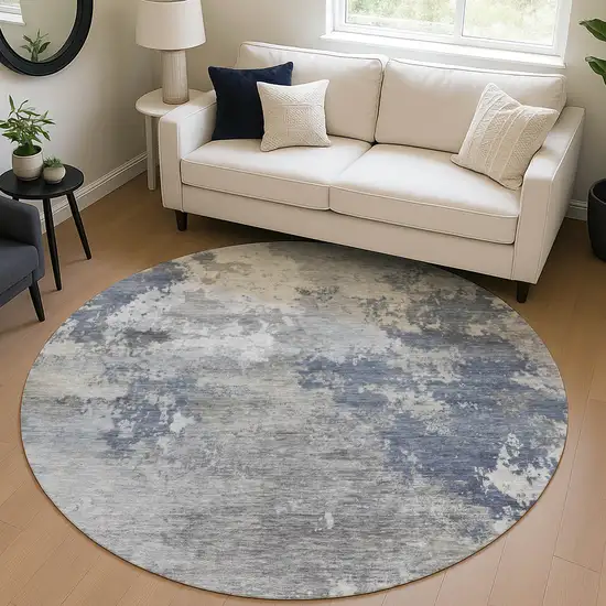 8' Denim Blue And Ivory Round Abstract Washable Indoor Outdoor Area Rug Photo 5