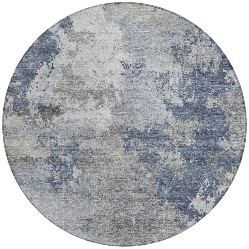 8' Denim Blue And Ivory Round Abstract Washable Indoor Outdoor Area Rug Photo 3