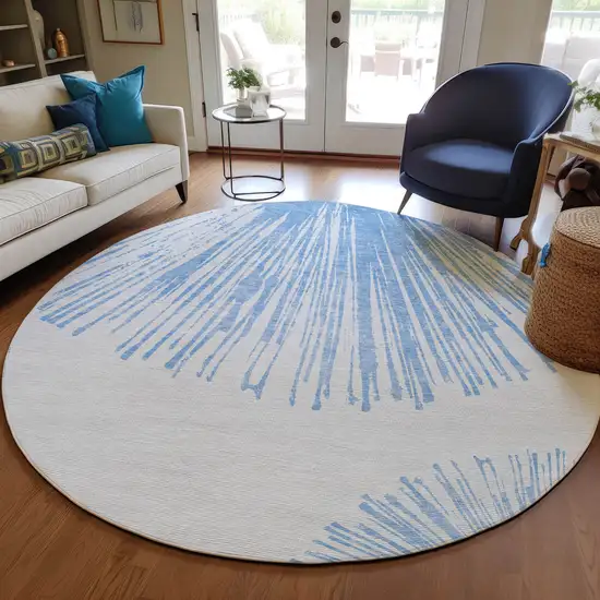 8' Denim Blue And Ivory Round Abstract Washable Indoor Outdoor Area Rug Photo 6