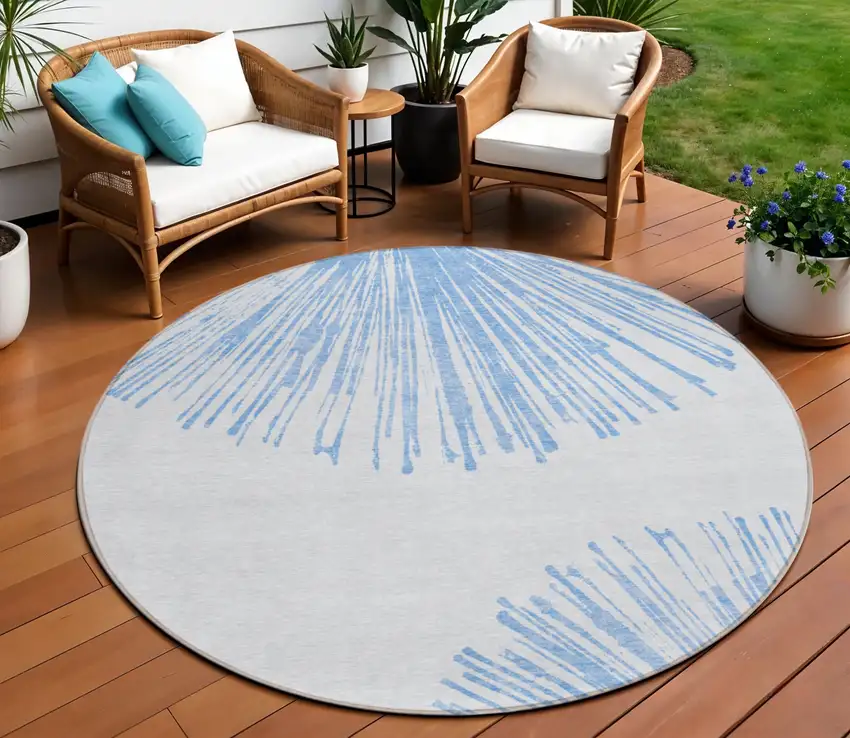 8' Denim Blue And Ivory Round Abstract Washable Indoor Outdoor Area Rug Photo 1
