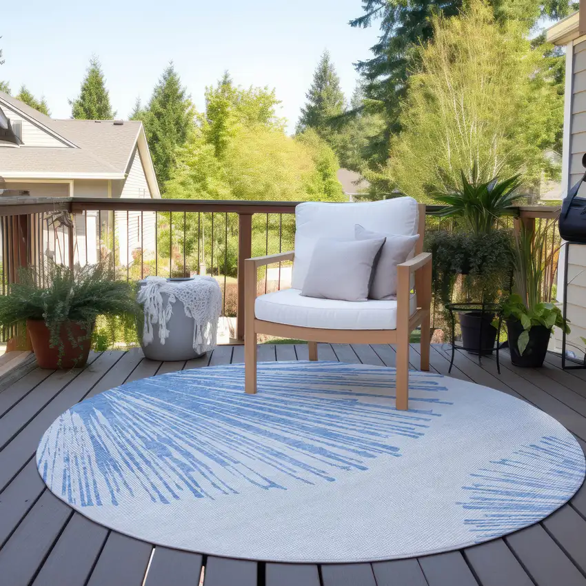 8' Denim Blue And Ivory Round Abstract Washable Indoor Outdoor Area Rug Photo 6