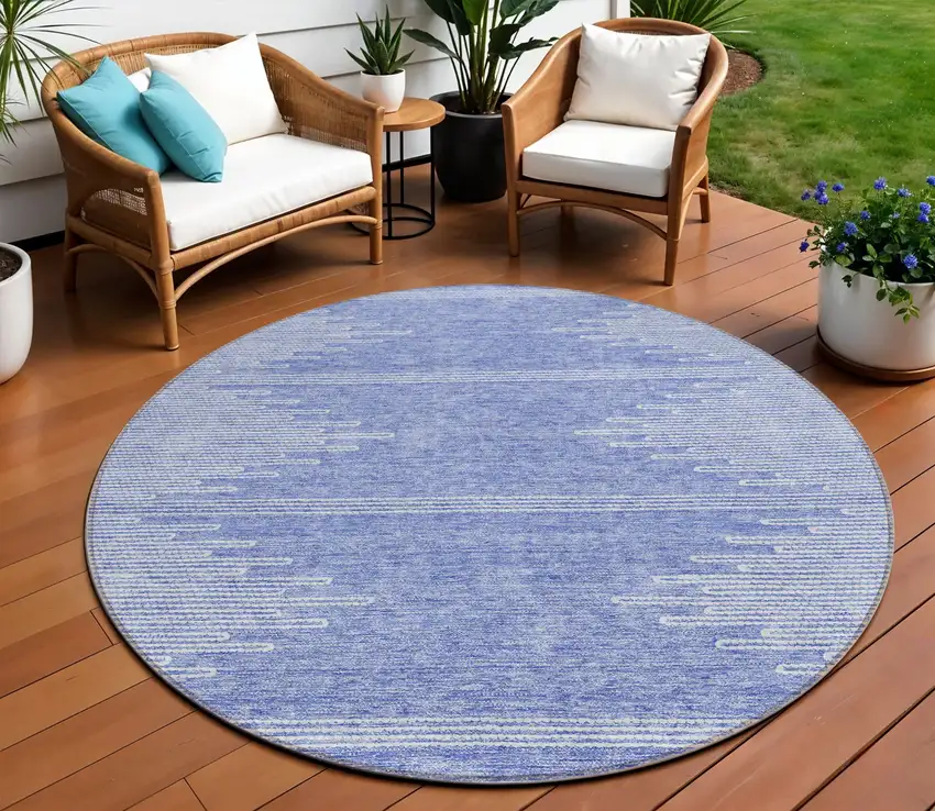 8' Denim Blue And Ivory Round Abstract Washable Indoor Outdoor Area Rug Photo 1