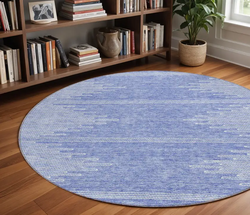 8' Denim Blue And Ivory Round Abstract Washable Indoor Outdoor Area Rug Photo 9