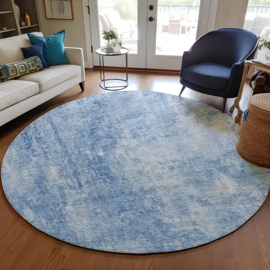8' Denim Blue And Ivory Round Abstract Washable Indoor Outdoor Area Rug Photo 7