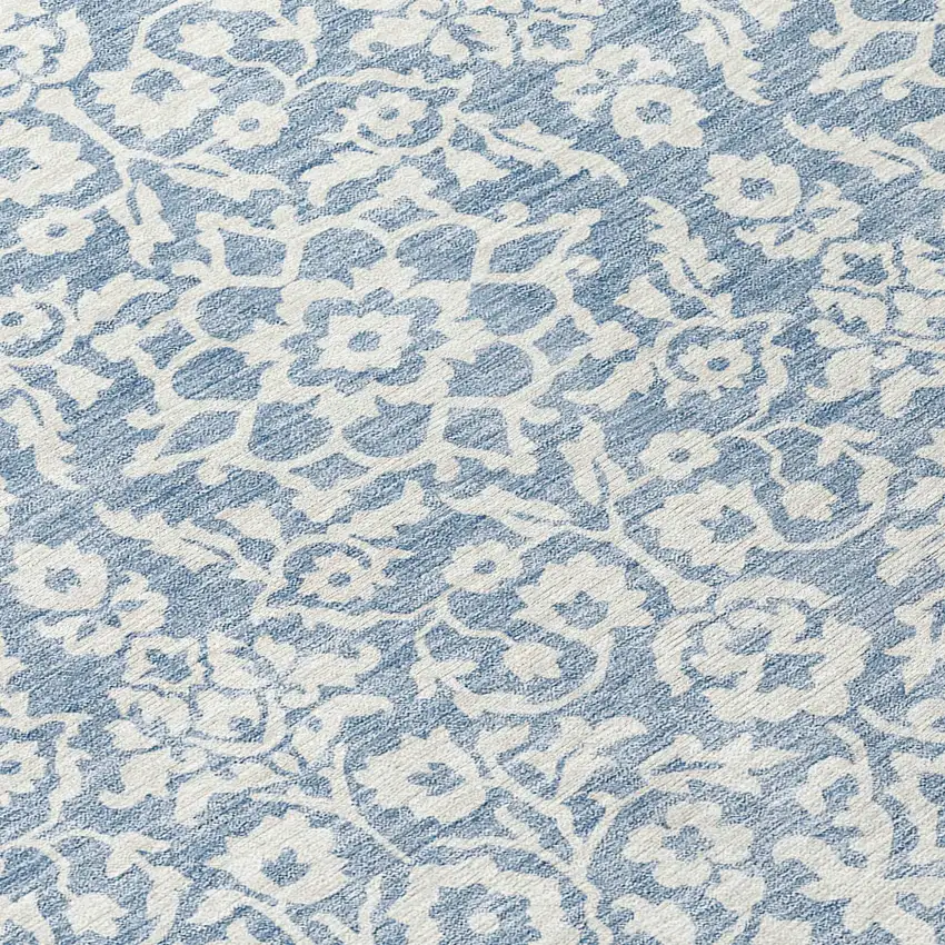 8' Denim Blue And Ivory Round Damask Washable Indoor Outdoor Area Rug Photo 8
