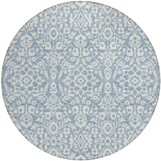 8' Denim Blue And Ivory Round Damask Washable Indoor Outdoor Area Rug Photo 2