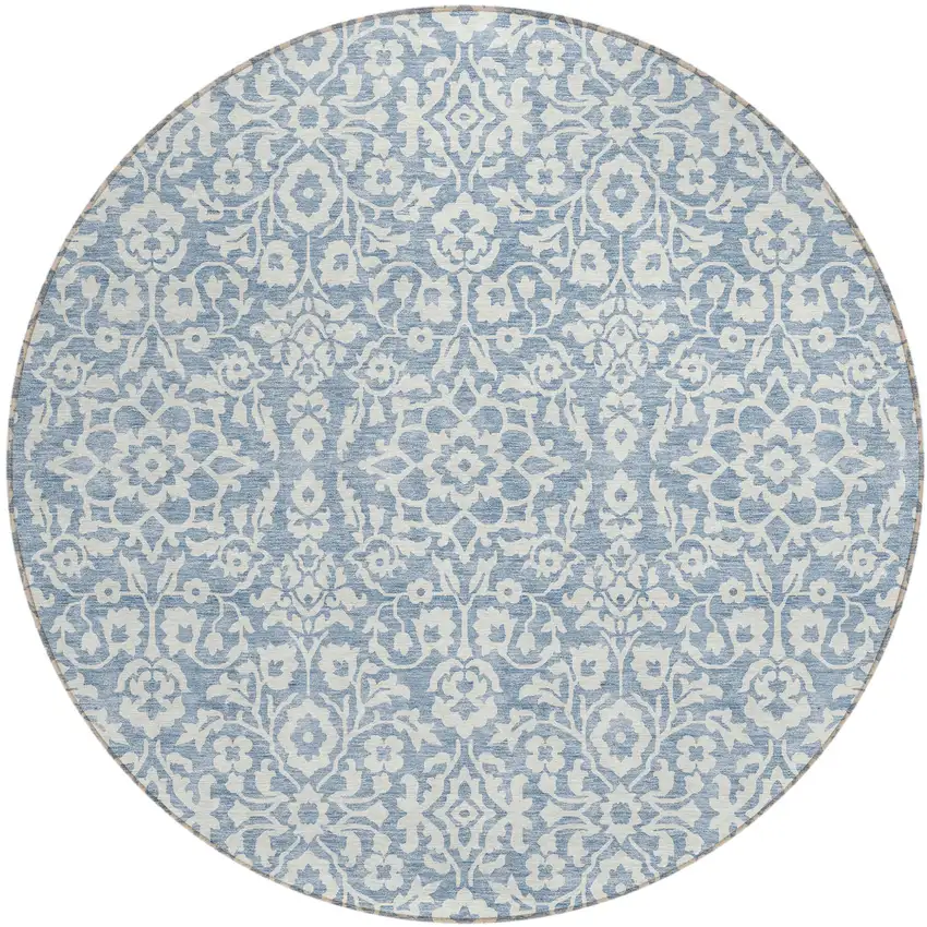 8' Denim Blue And Ivory Round Damask Washable Indoor Outdoor Area Rug Photo 2